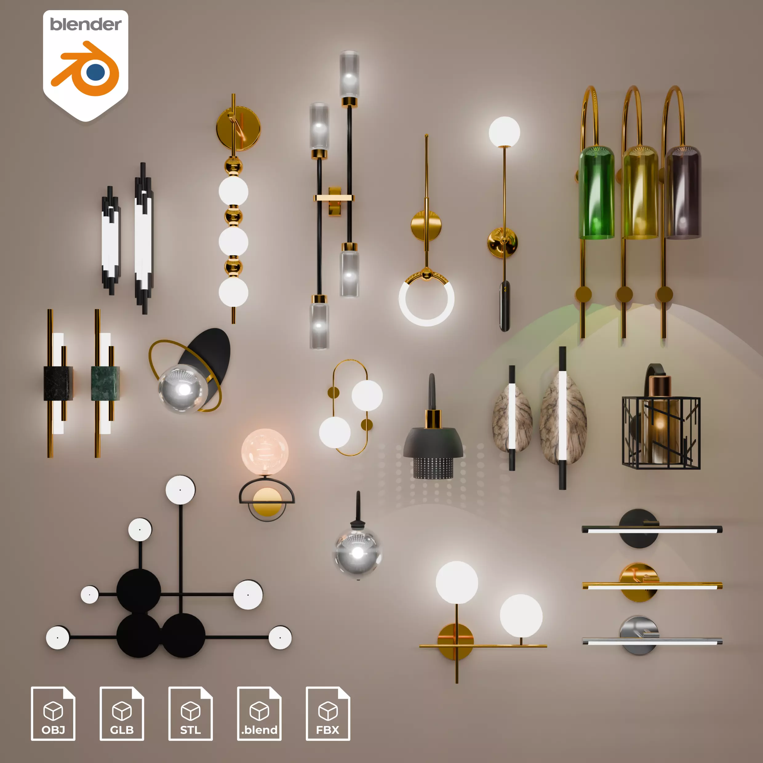Wall Lamp Light Collection Low-poly 3D model_0