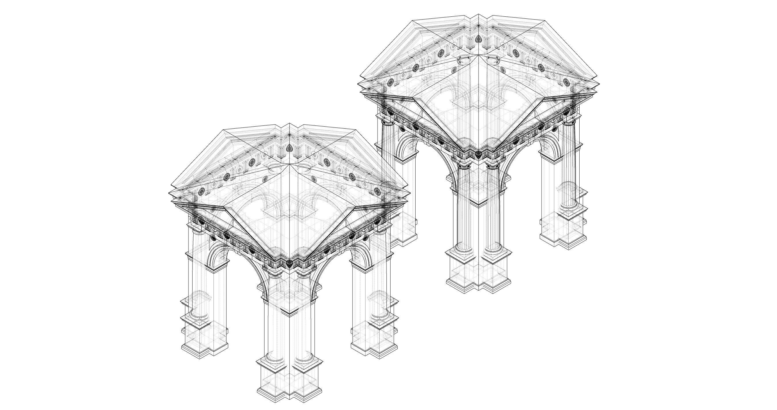 Arched portico in Doric Denticulated column order gazebo 3D model_14
