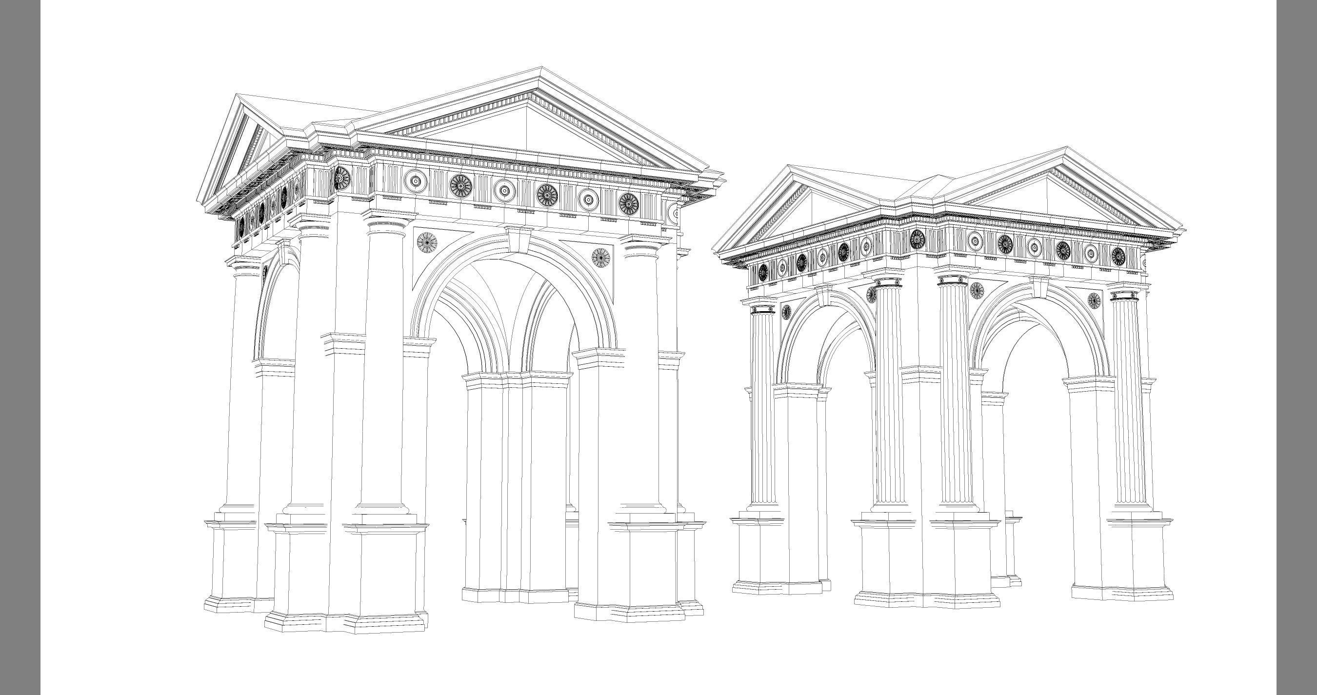 Arched portico in Doric Denticulated column order gazebo 3D model_8