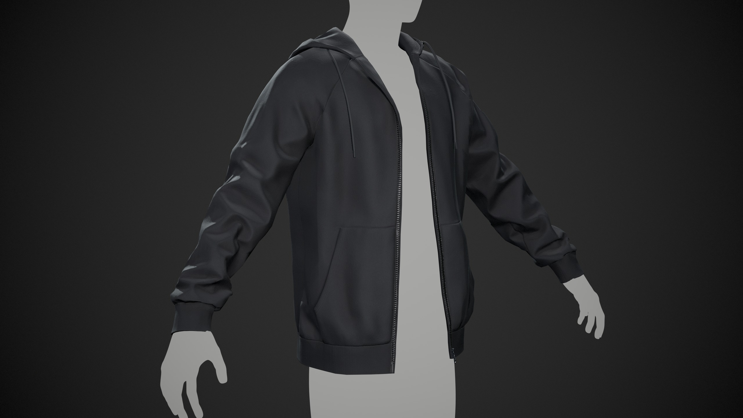Black Open Hoodie Style 1 Low-poly 3D model_2