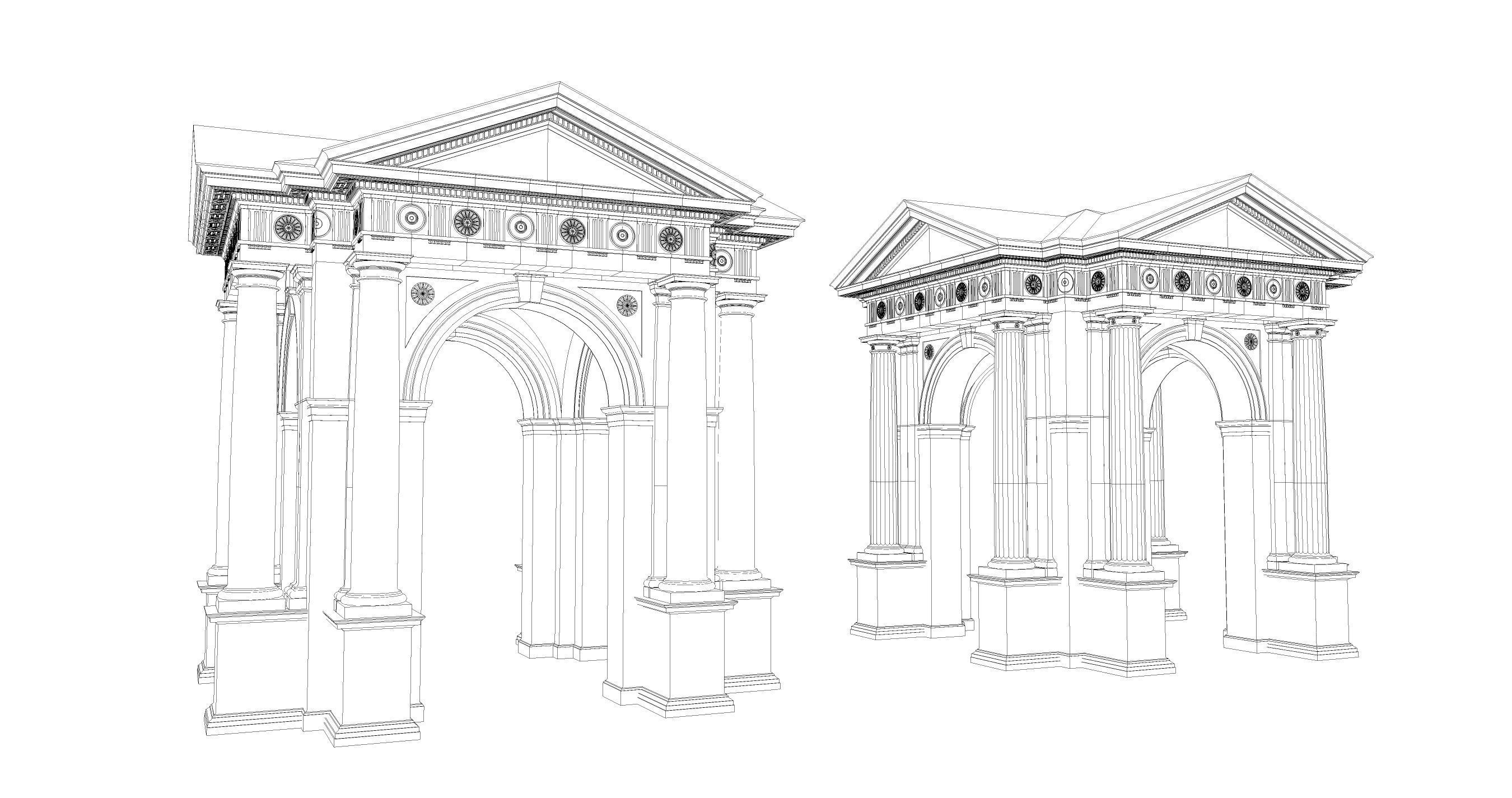 Arched portico in Doric Denticulated column order gazebo 3D model_8