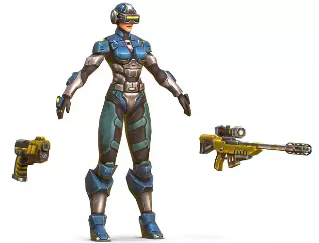 Cartoon Sci-Fi Cyborg Drone Sniper Soldier Low-poly 3D model