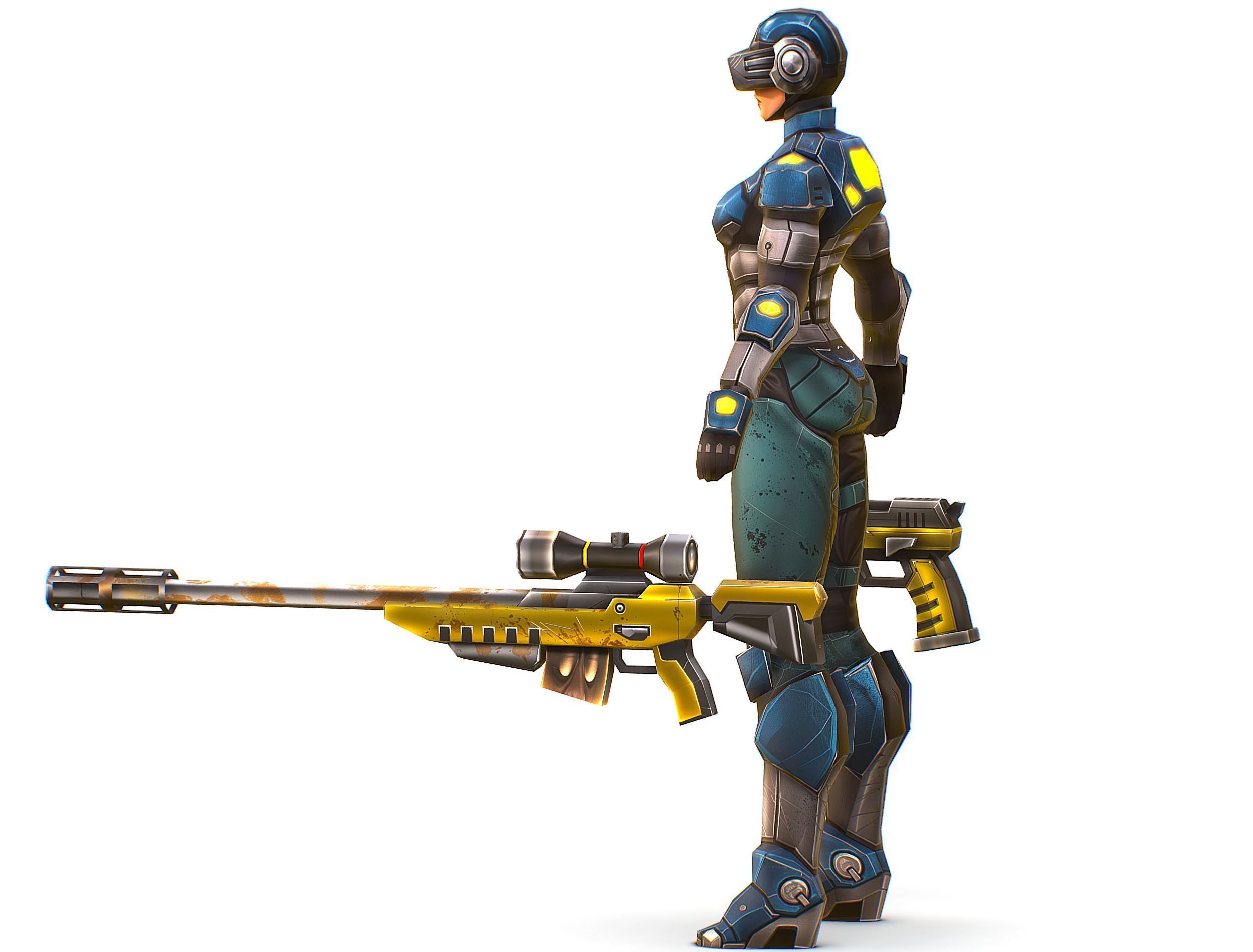 Cartoon Sci-Fi Cyborg Drone Sniper Soldier Low-poly 3D model_6