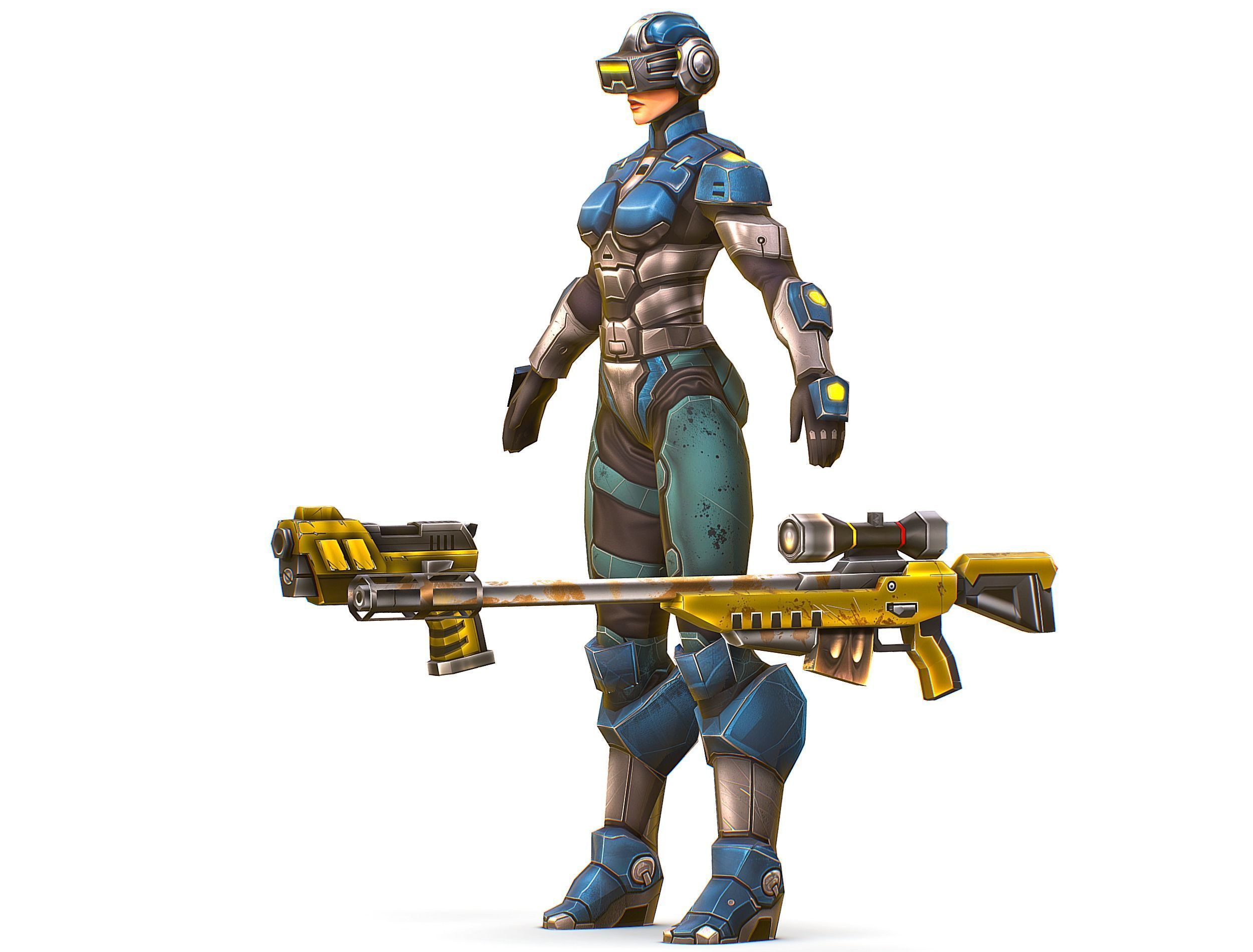 Cartoon Sci-Fi Cyborg Drone Sniper Soldier Low-poly 3D model_4