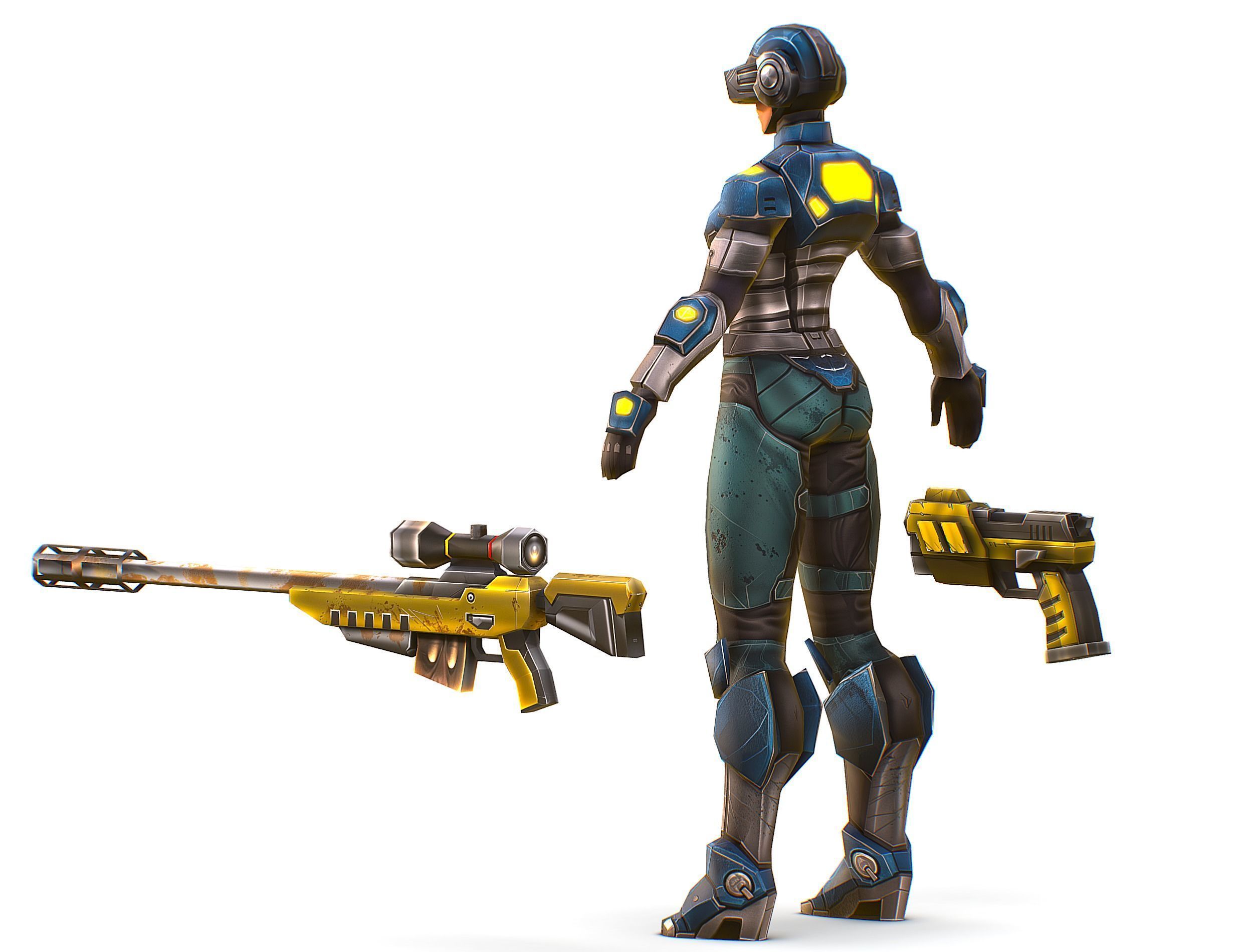 Cartoon Sci-Fi Cyborg Drone Sniper Soldier Low-poly 3D model_7