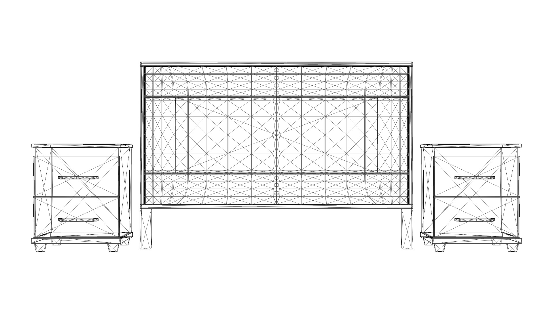 Modern Queen Headboard with Nightstands - 3D Bed Set Model Low-poly 3D model_1