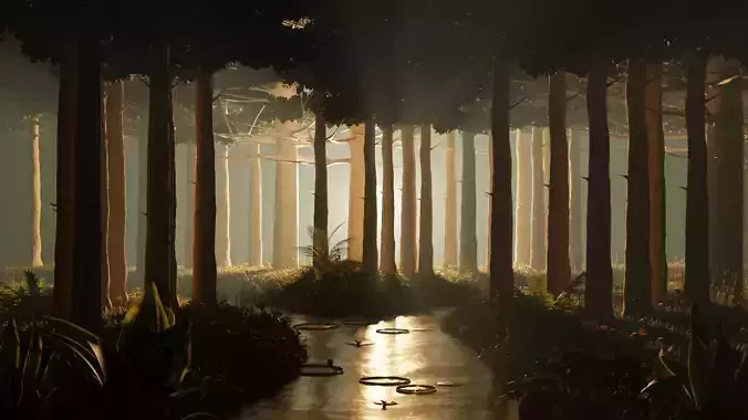 Stylized volumetric forest scene