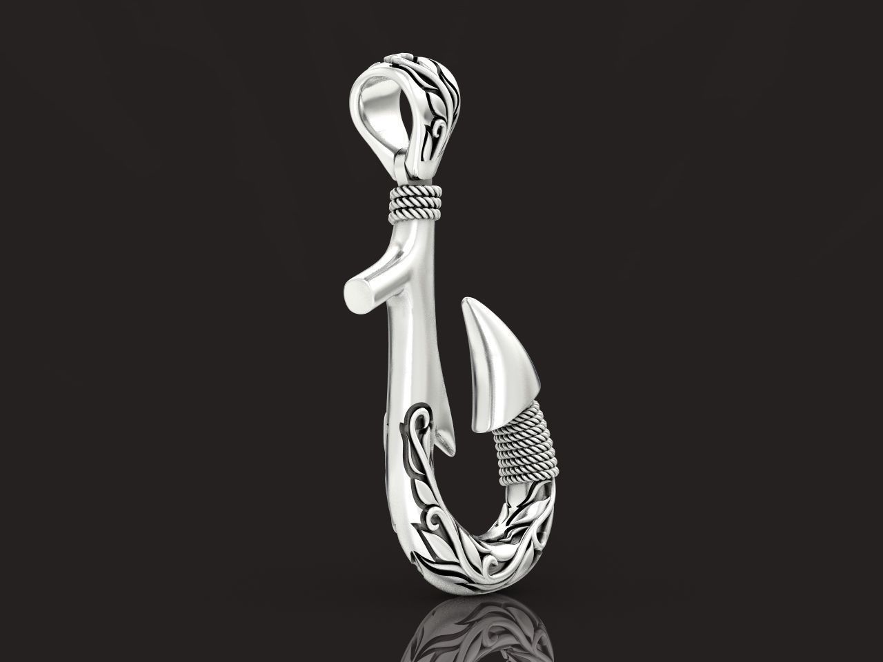 Fish hook pendant with hand engraved Hawaiian pattern 1402 3D print model_33