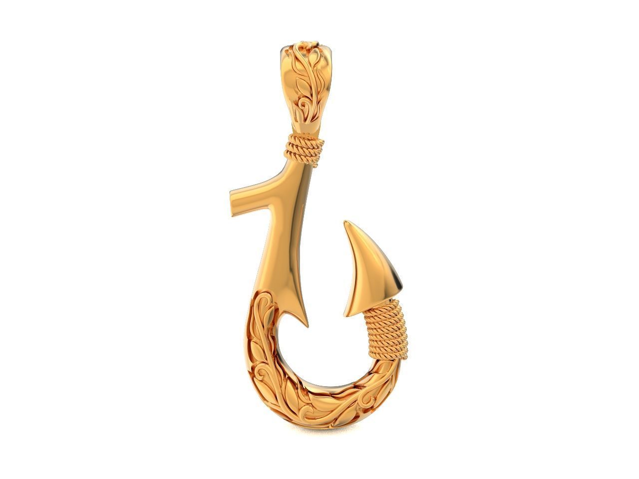 Fish hook pendant with hand engraved Hawaiian pattern 1402 3D print model_12