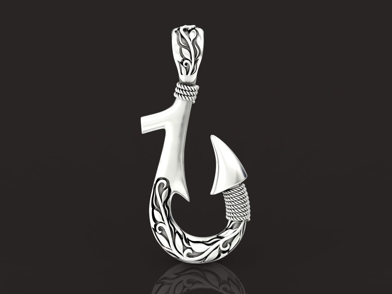 Fish hook pendant with hand engraved Hawaiian pattern 1402 3D print model_17