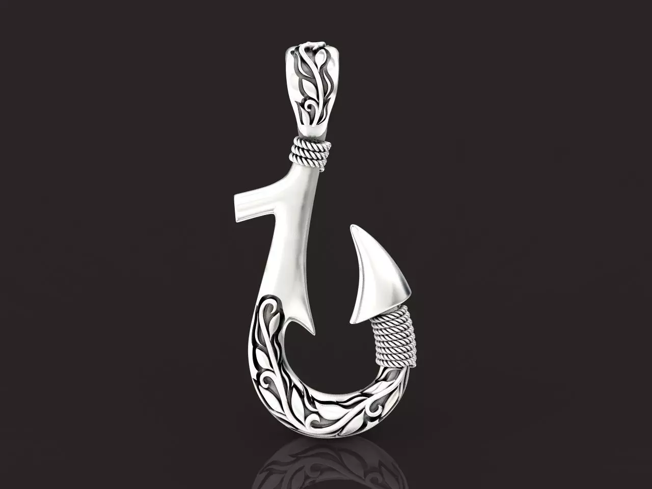 Fish hook pendant with hand engraved Hawaiian pattern 1402 3D print model_0
