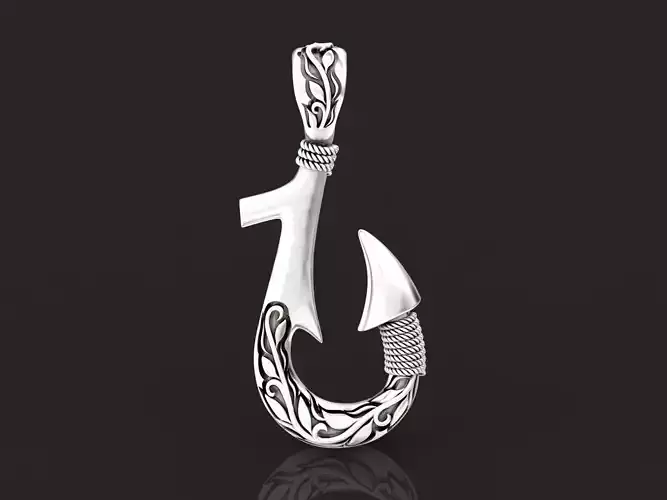 Fish hook pendant with hand engraved Hawaiian pattern 1402 3D print model