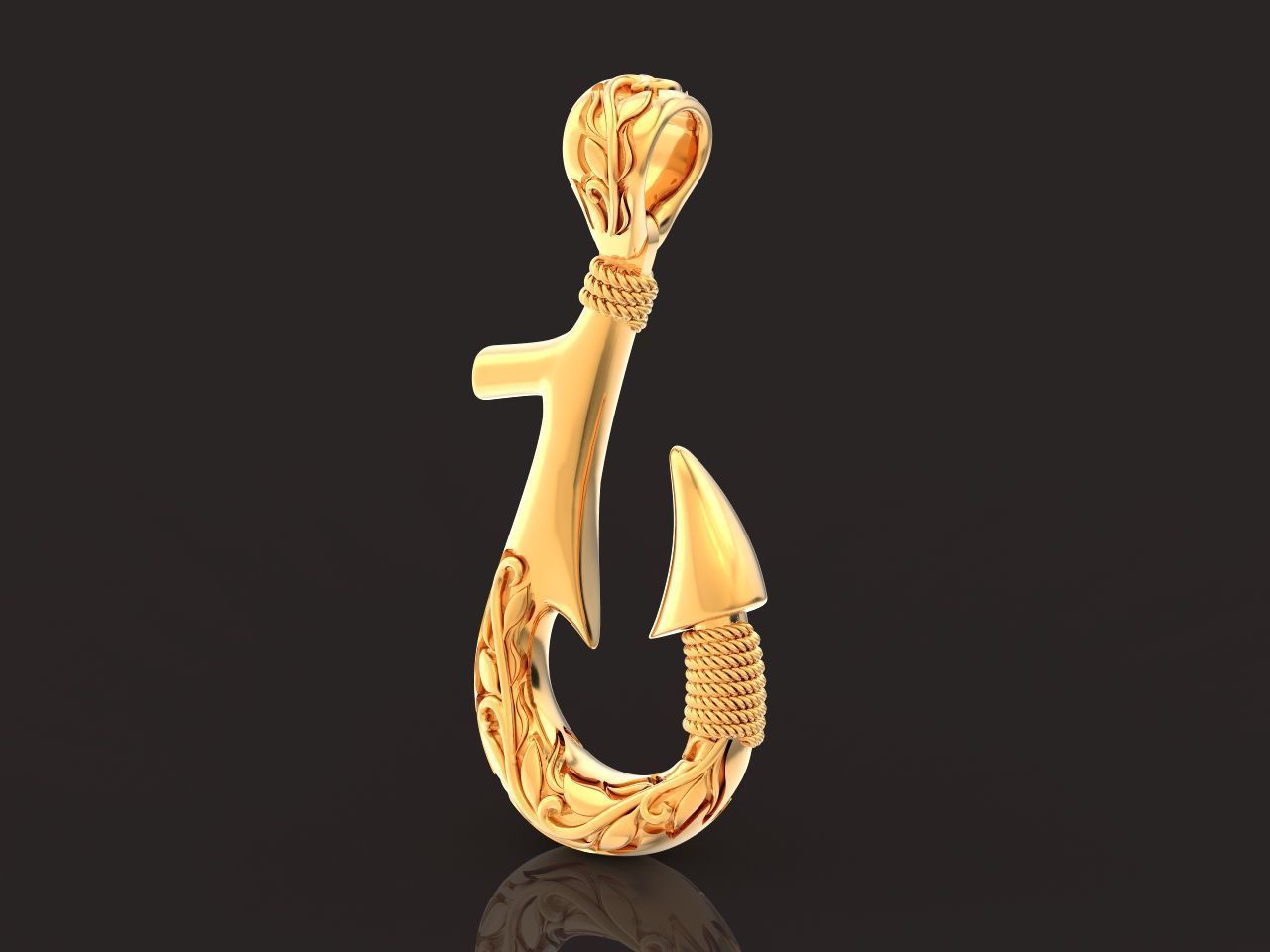 Fish hook pendant with hand engraved Hawaiian pattern 1402 3D print model_22