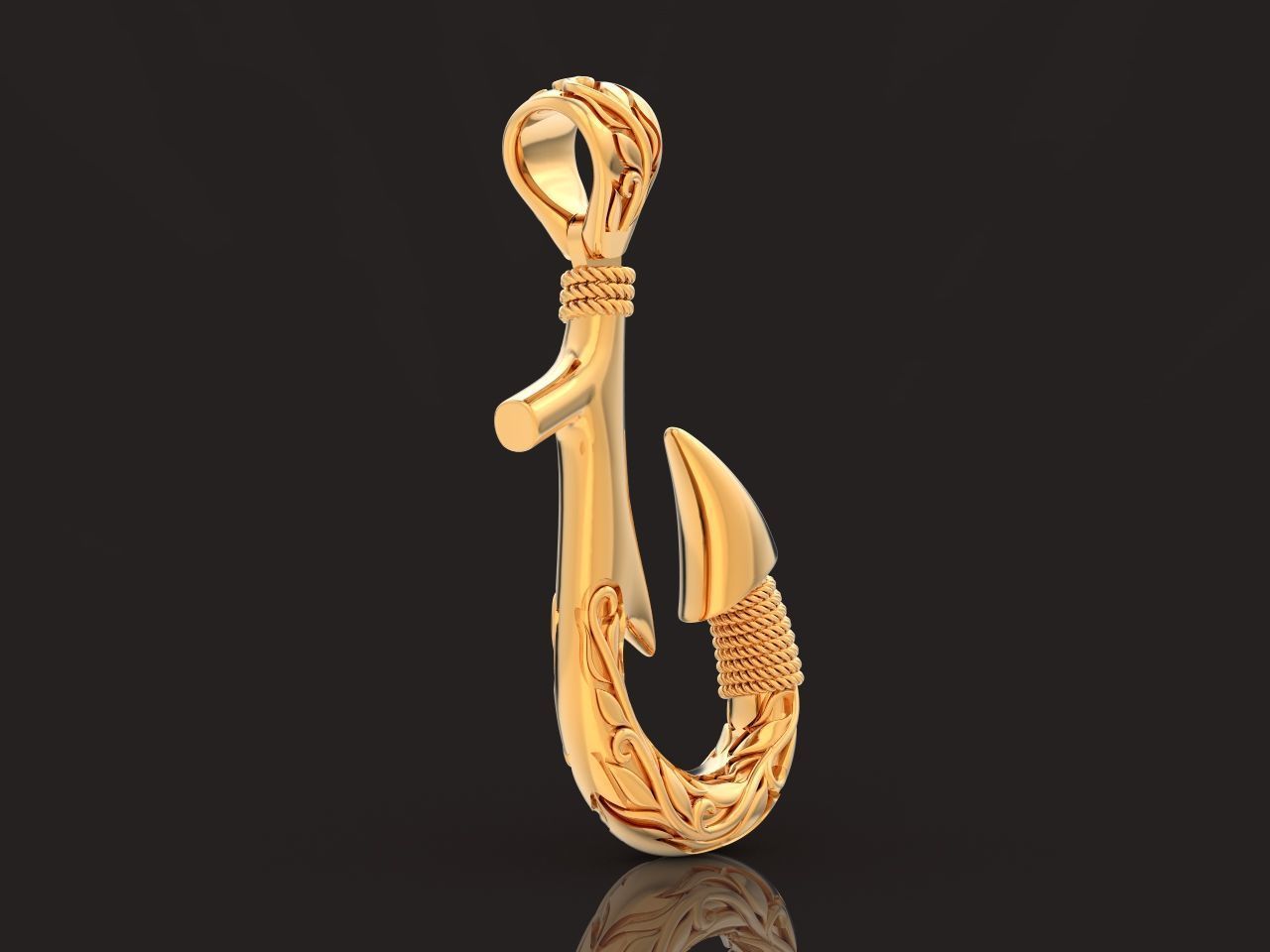 Fish hook pendant with hand engraved Hawaiian pattern 1402 3D print model_35