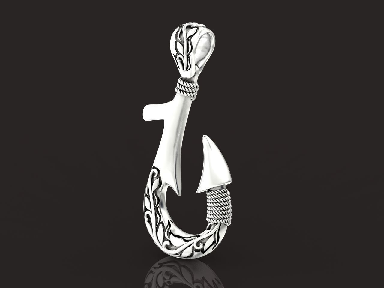 Fish hook pendant with hand engraved Hawaiian pattern 1402 3D print model_24
