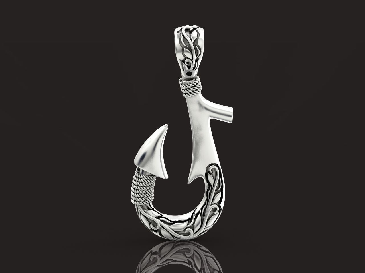 Fish hook pendant with hand engraved Hawaiian pattern 1402 3D print model_30