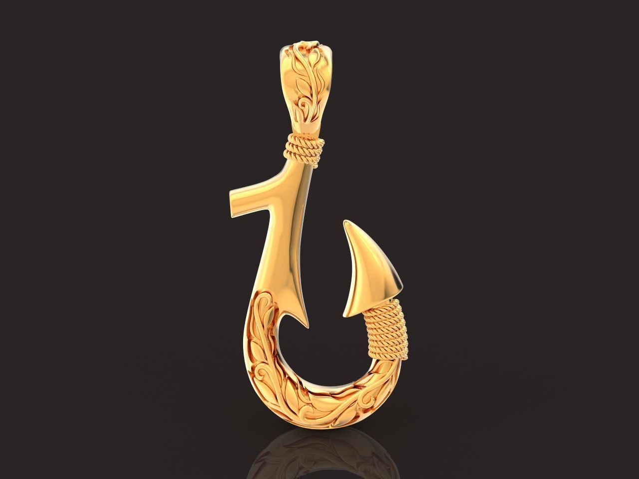 Fish hook pendant with hand engraved Hawaiian pattern 1402 3D print model_2