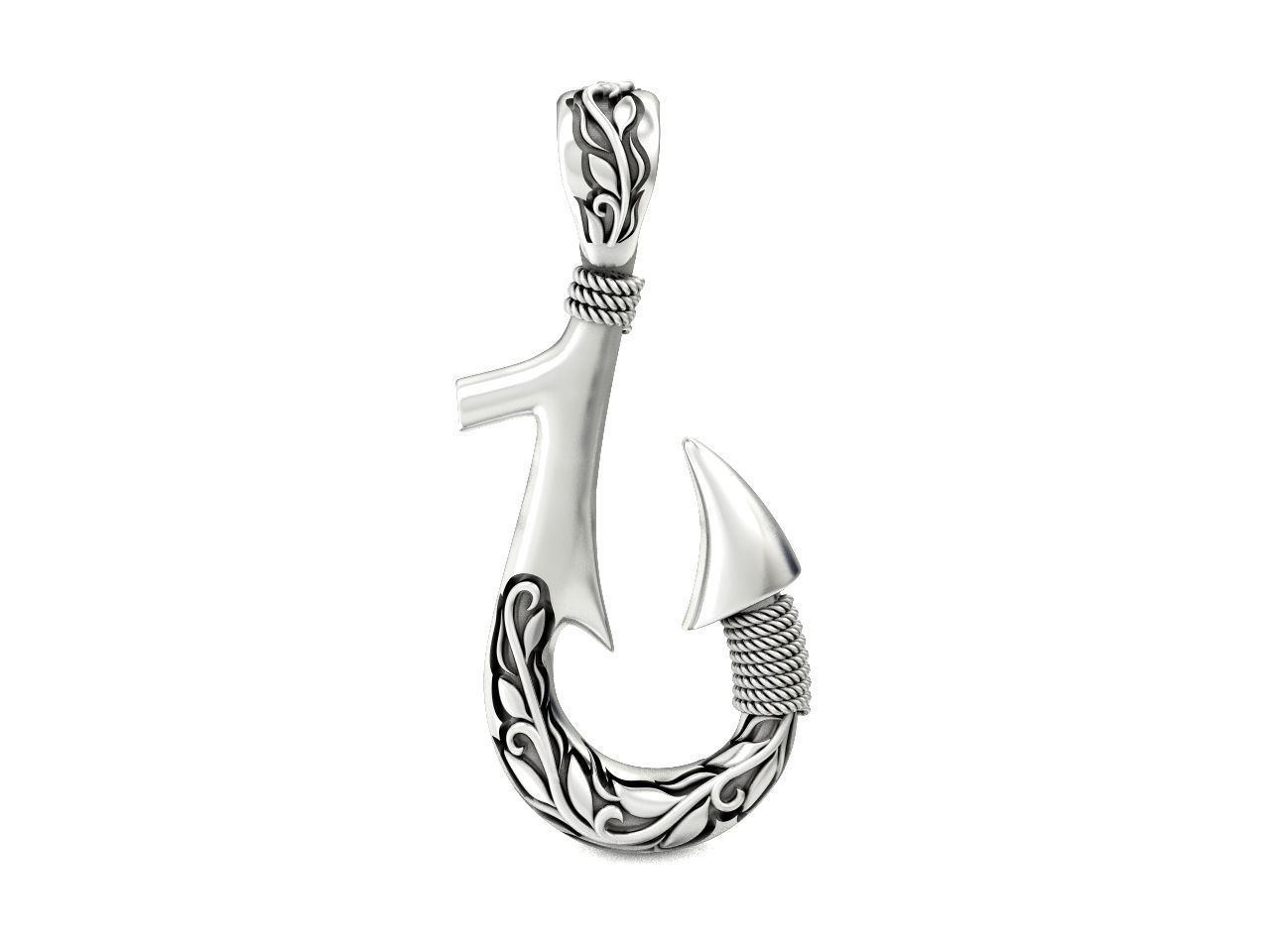 Fish hook pendant with hand engraved Hawaiian pattern 1402 3D print model_16