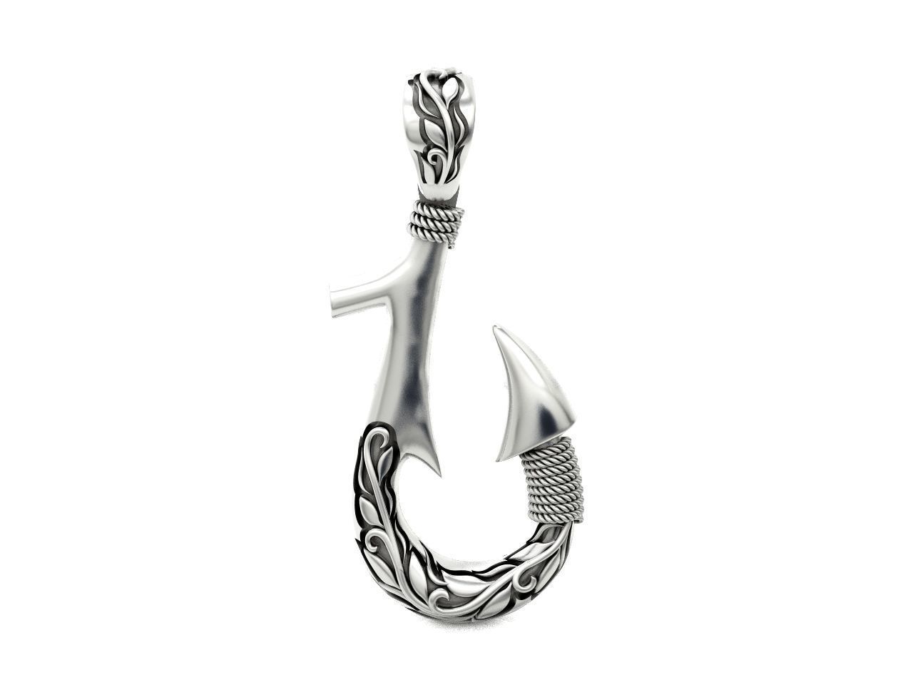 Fish hook pendant with hand engraved Hawaiian pattern 1402 3D print model_10