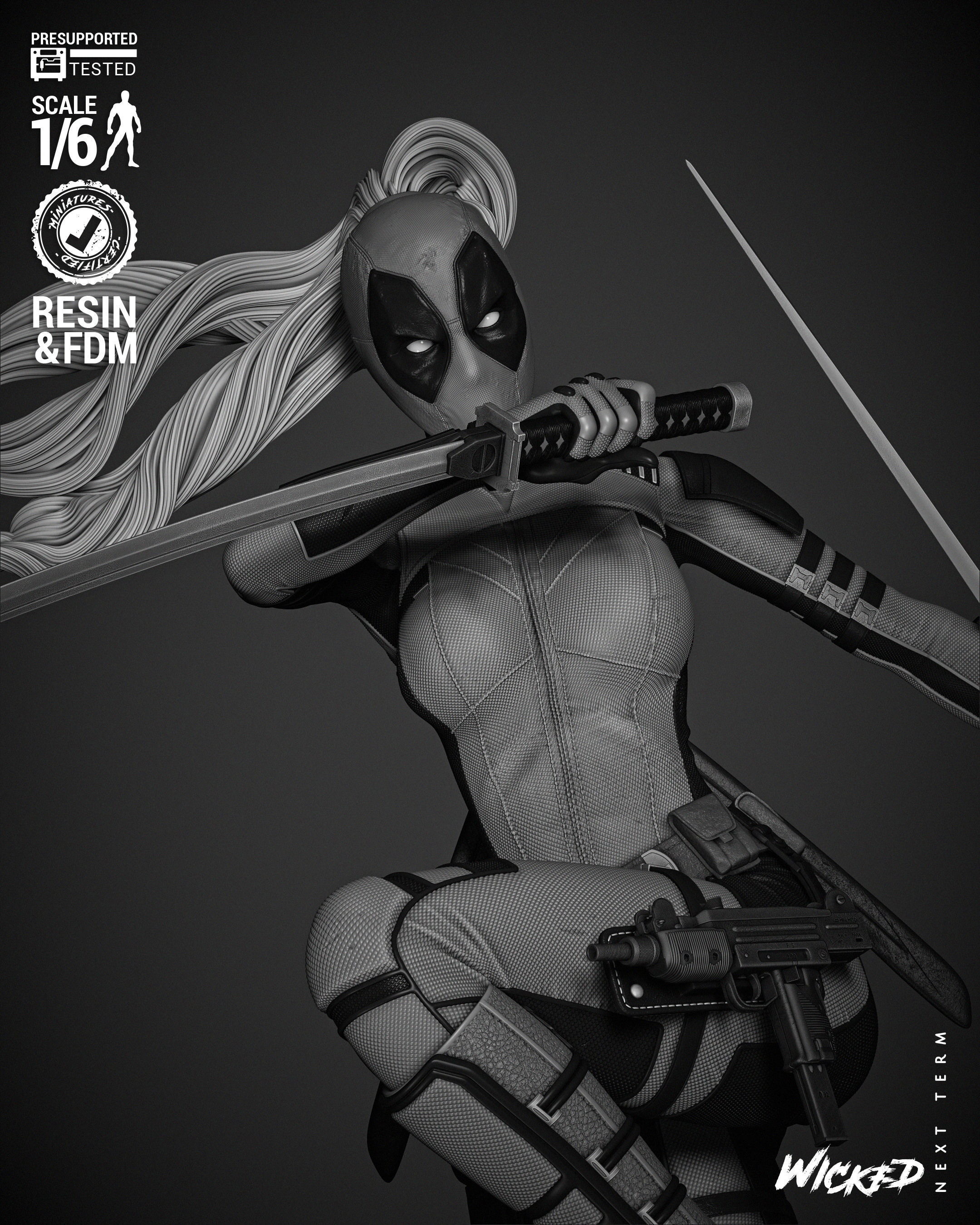Wicked Marvel Lady Deadpool Sculpture 3D print model_21