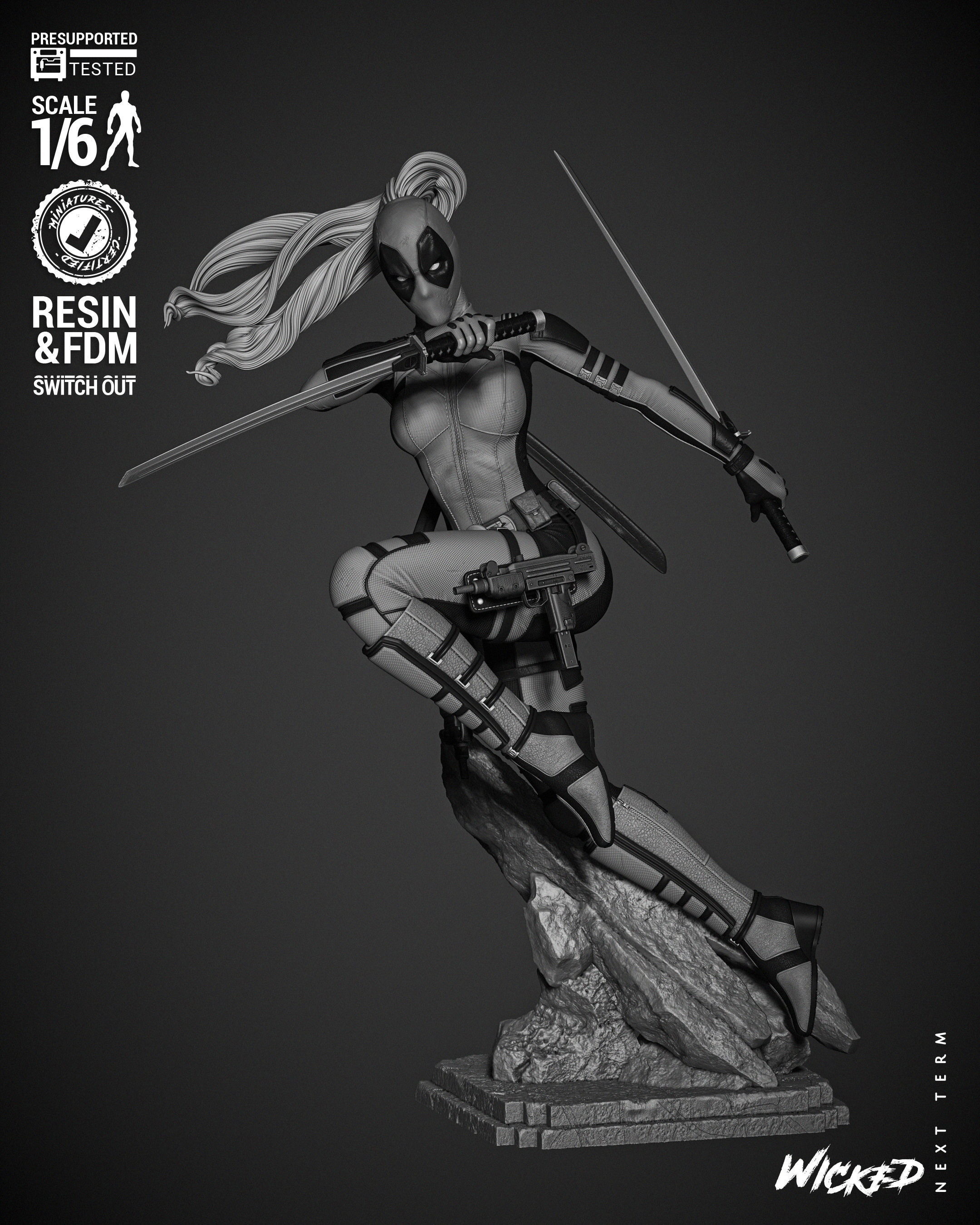Wicked Marvel Lady Deadpool Sculpture 3D print model_40