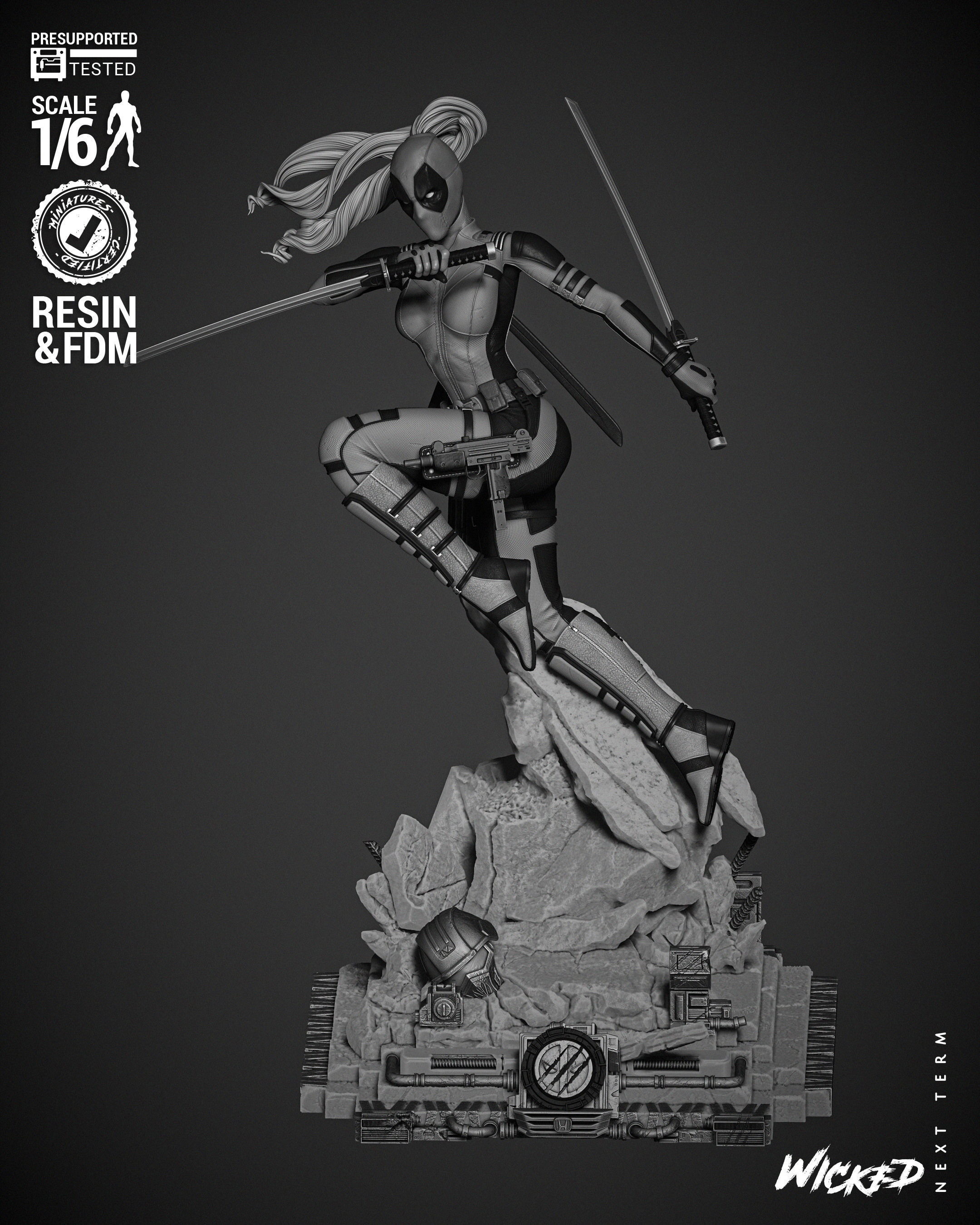 Wicked Marvel Lady Deadpool Sculpture 3D print model_3