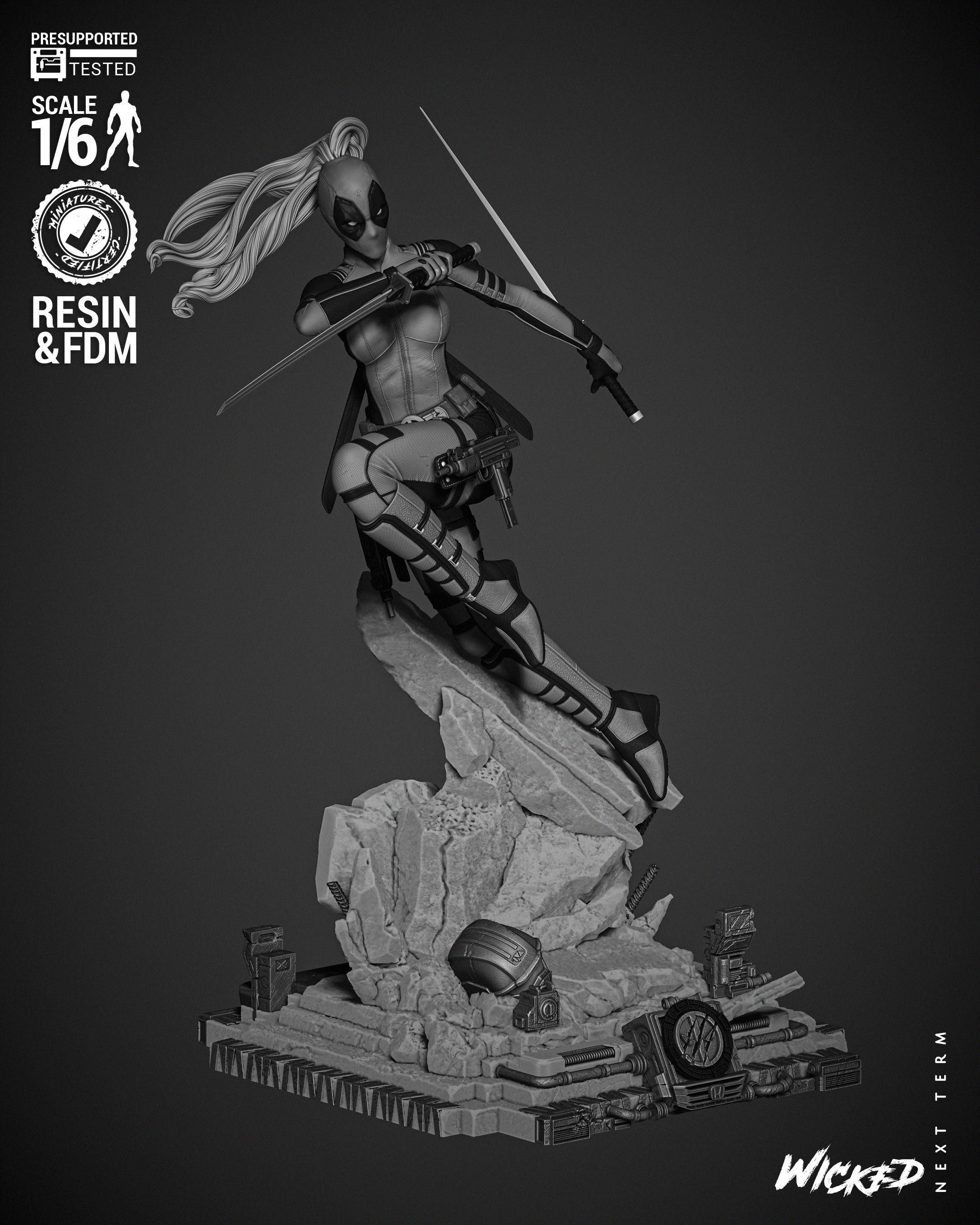 Wicked Marvel Lady Deadpool Sculpture 3D print model_5
