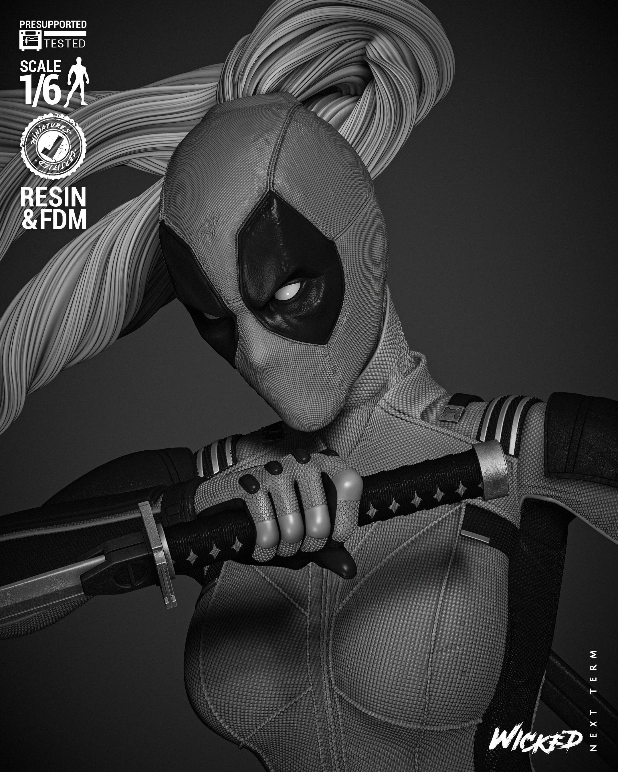 Wicked Marvel Lady Deadpool Sculpture 3D print model_32