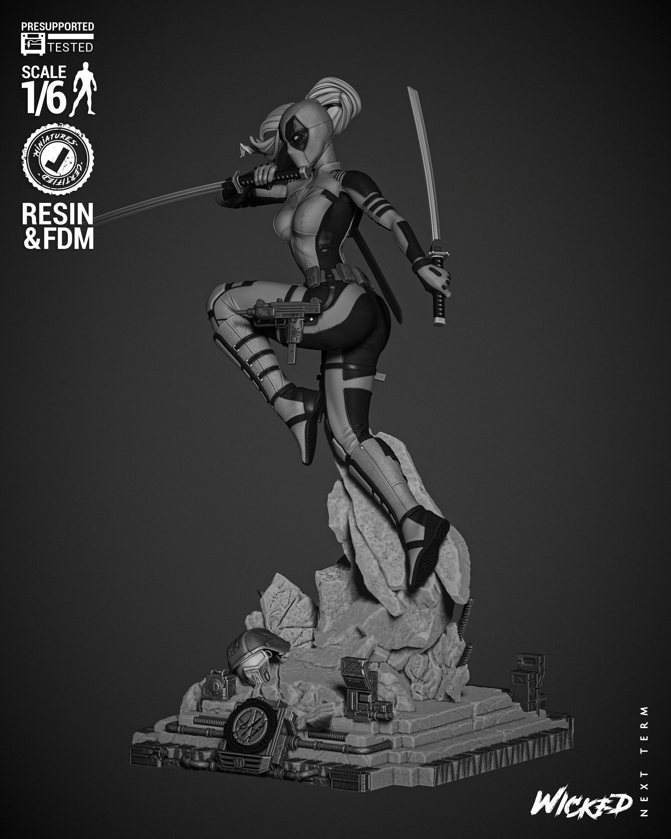Wicked Marvel Lady Deadpool Sculpture 3D print model_10
