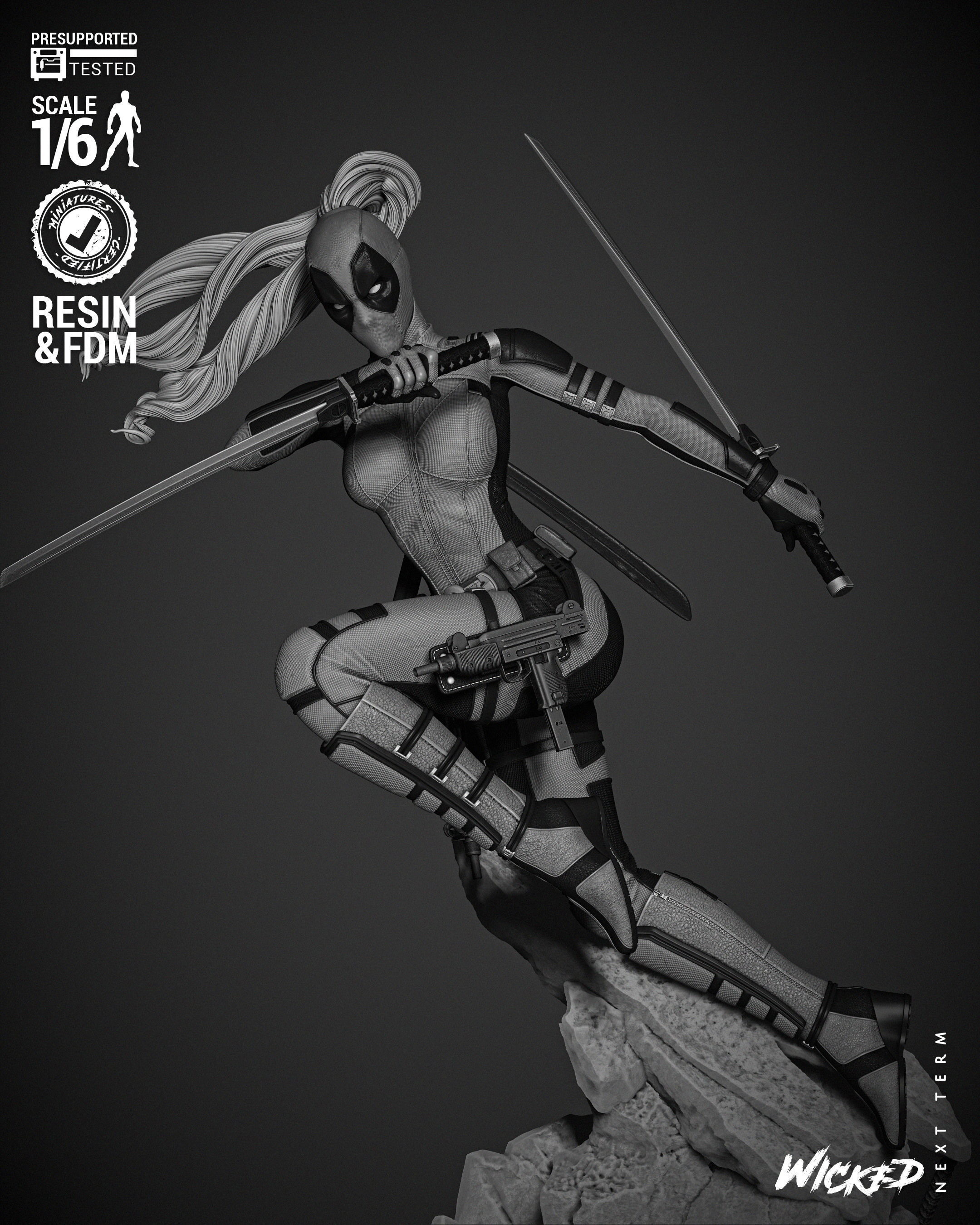 Wicked Marvel Lady Deadpool Sculpture 3D print model_17