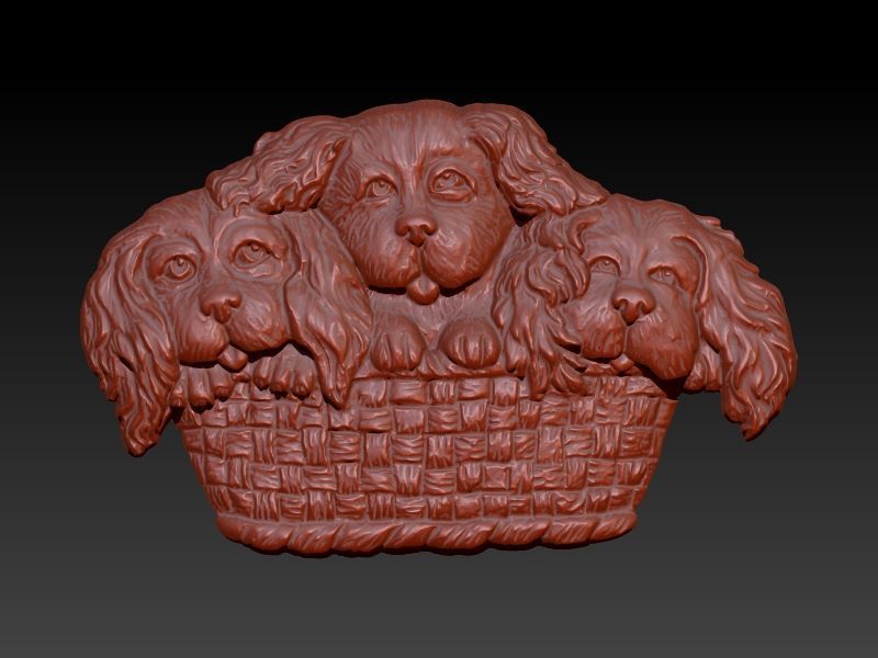 Three Cavalier King Charles Spaniels in Basket 3D print model_1