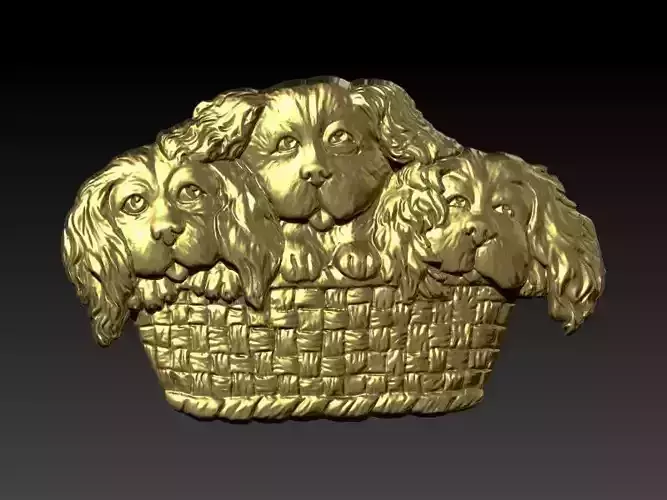 Three Cavalier King Charles Spaniels in Basket 3D print model