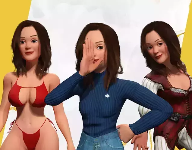 Toon Character woman with multi dress 3D Model Collection