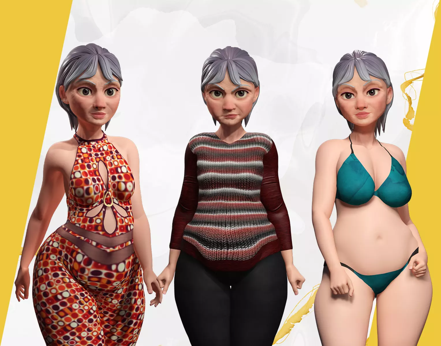 old lady character in multi dress 3D Model Collection_0