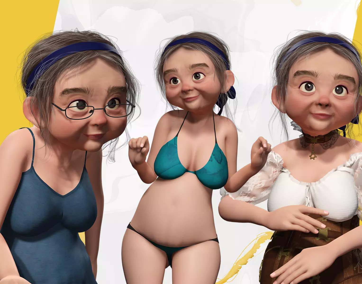 Elderly Woman with multi dress 3D Model Collection_0