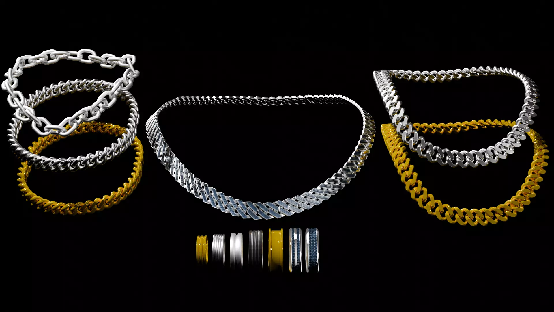 Jewelry Pack Cuban Chains Bracelets Rings Low-poly 3D model_0