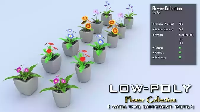 6 low poly flowers collection 02 with two different pots