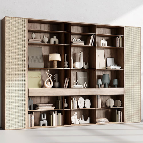 Cabinet rattan Furniture -Wooden Shelves Decorative With Book 07 3D model
