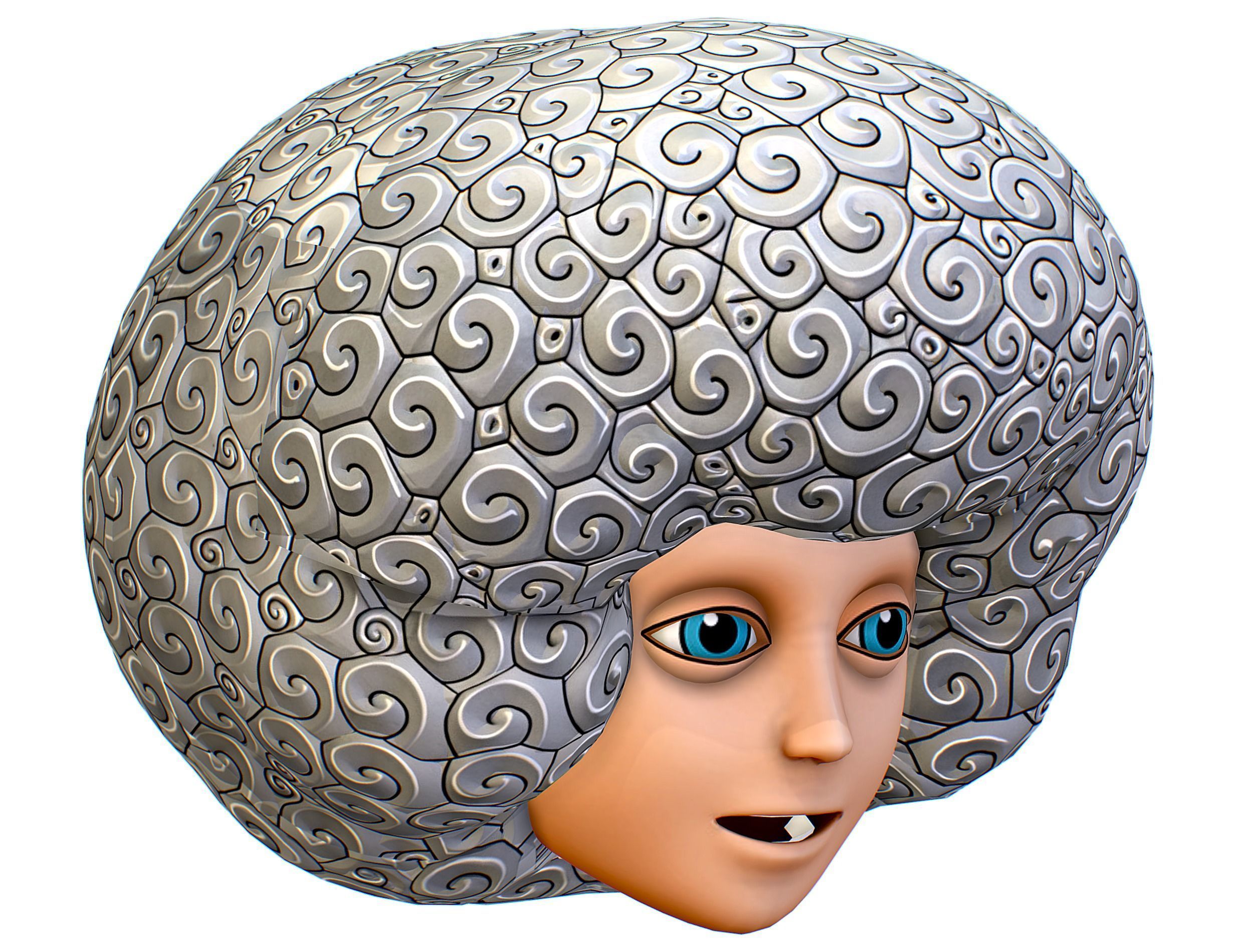 White Gray Afro Hair Cartoon Young Head Wig Low-poly 3D model_13