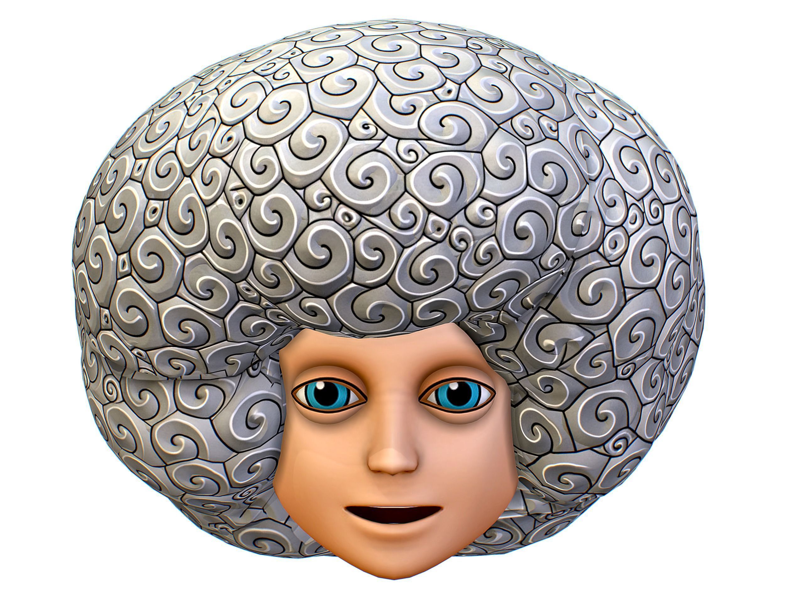 White Gray Afro Hair Cartoon Young Head Wig Low-poly 3D model_2