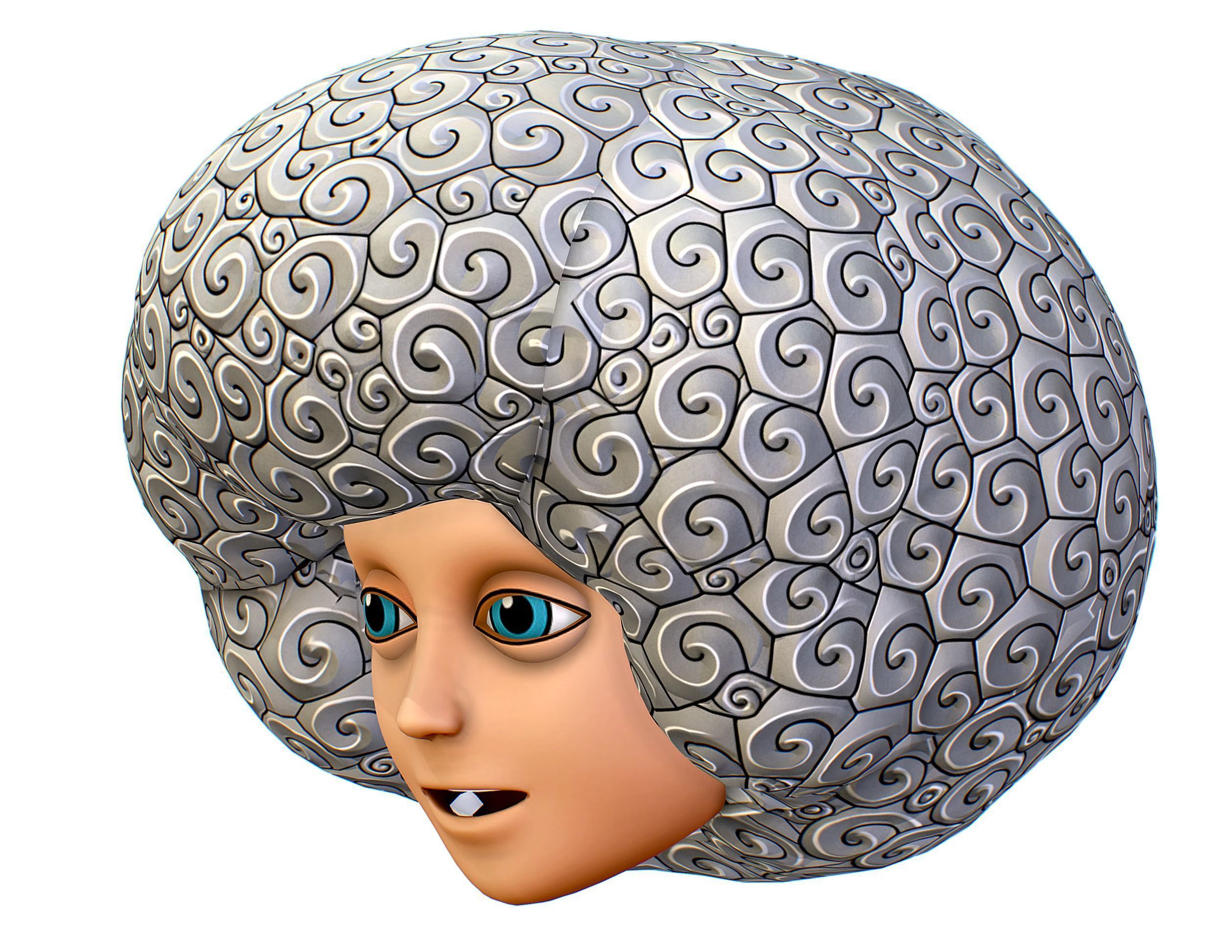 White Gray Afro Hair Cartoon Young Head Wig Low-poly 3D model_4