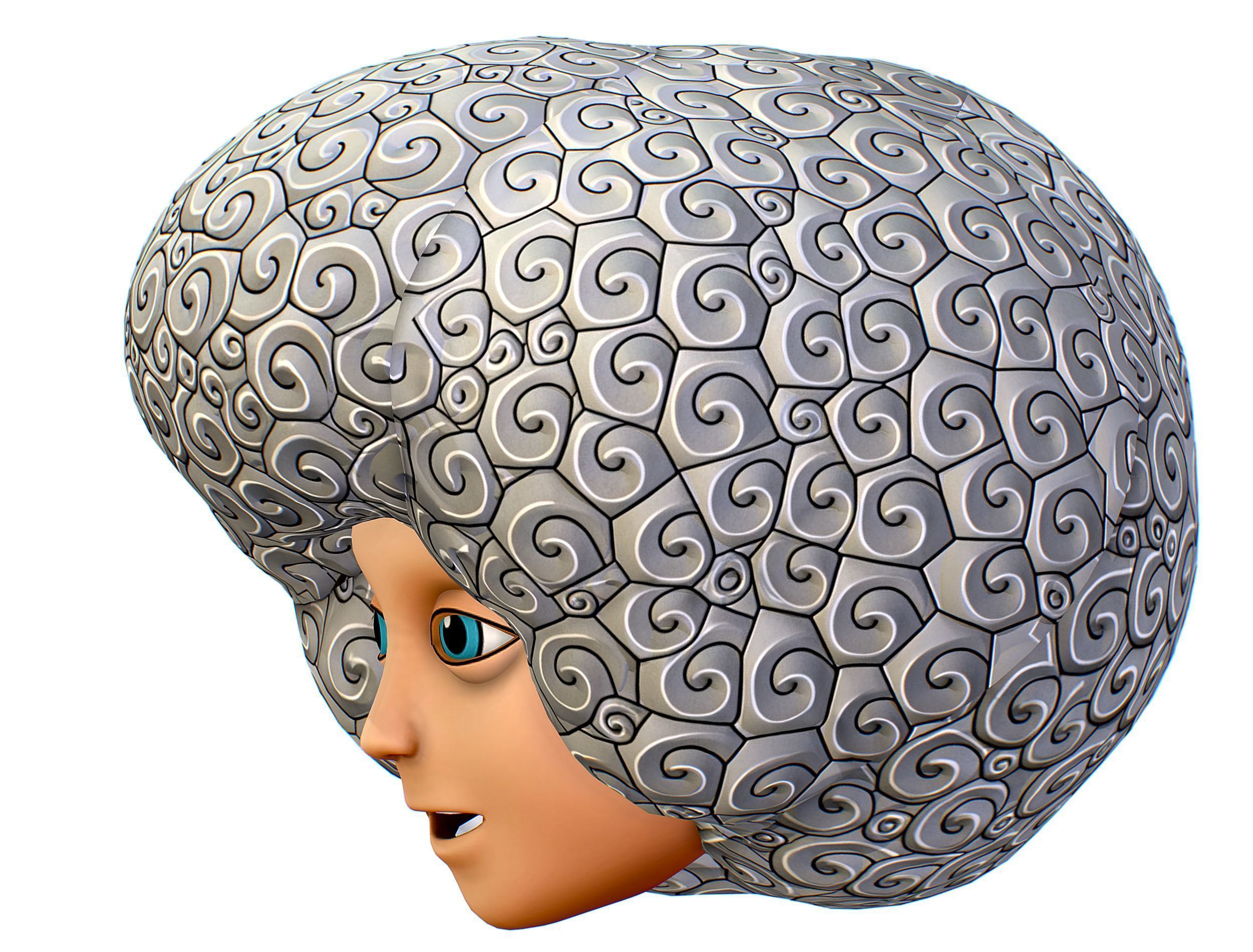 White Gray Afro Hair Cartoon Young Head Wig Low-poly 3D model_5