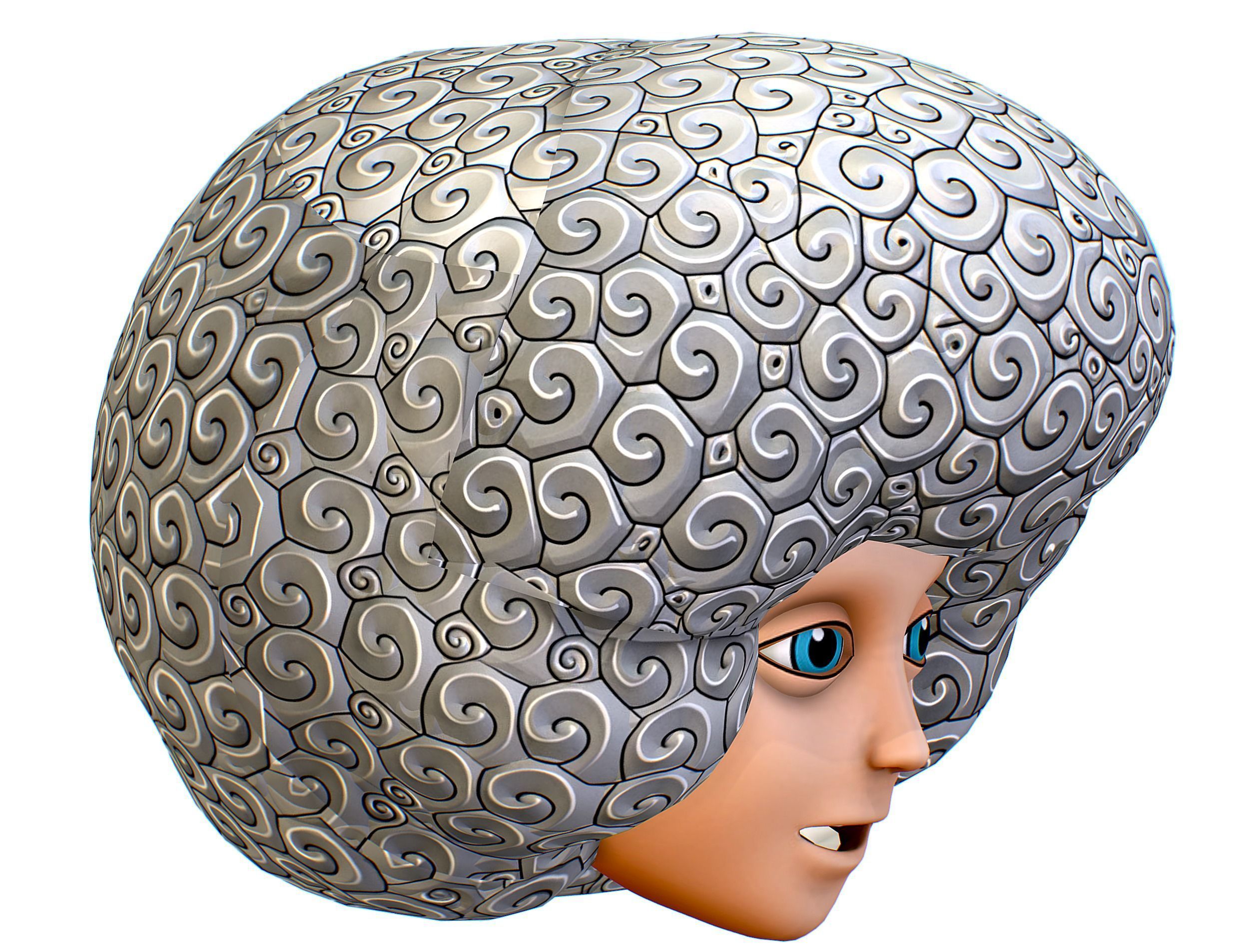 White Gray Afro Hair Cartoon Young Head Wig Low-poly 3D model_12