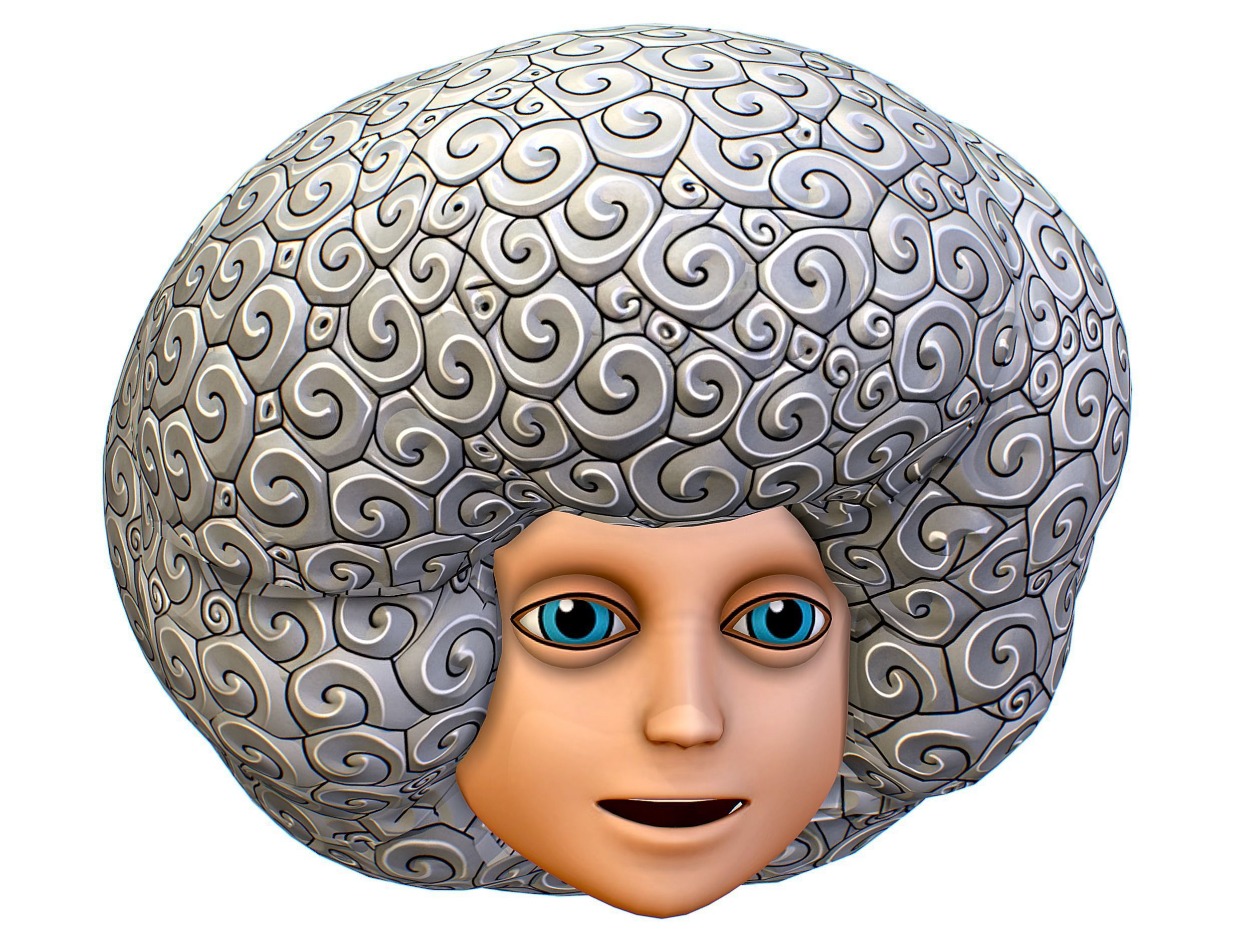 White Gray Afro Hair Cartoon Young Head Wig Low-poly 3D model_1