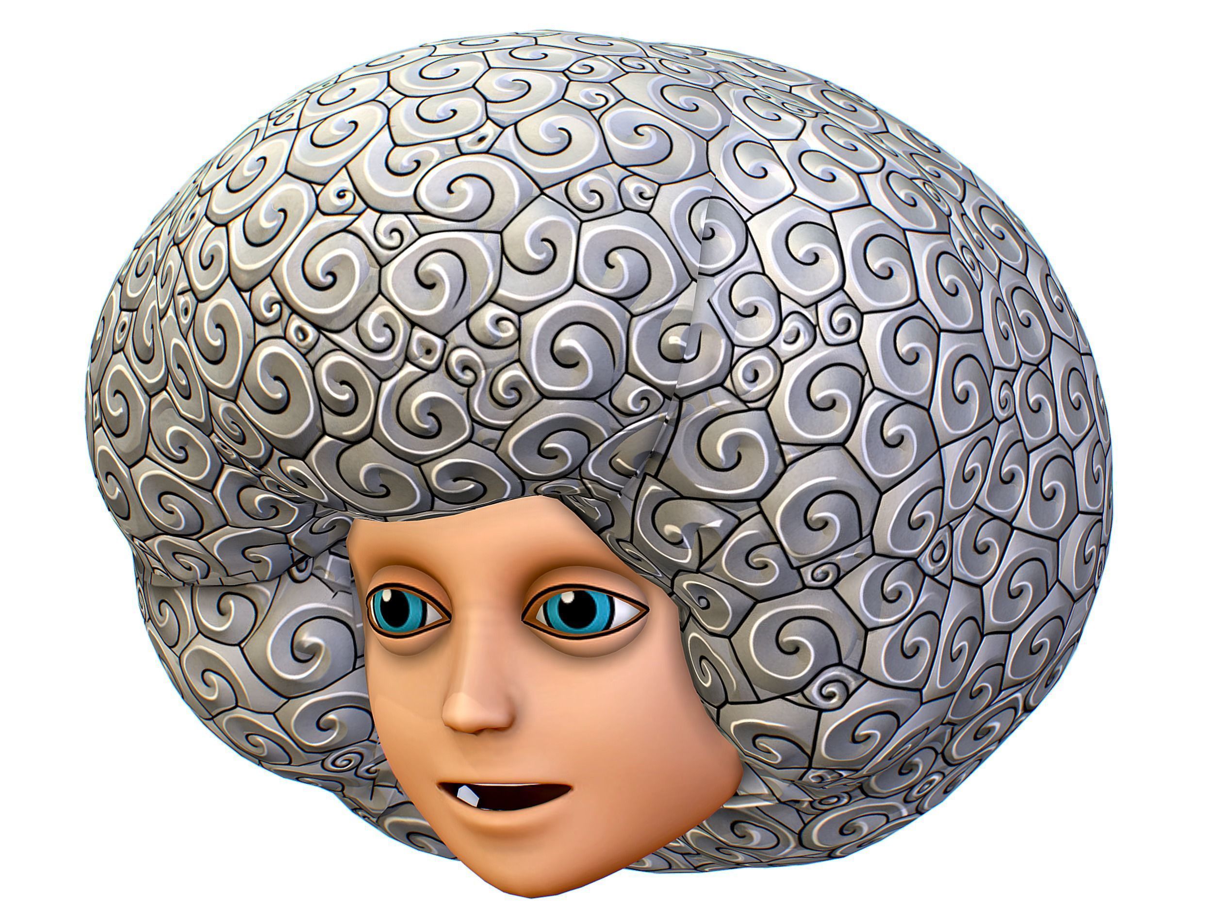 White Gray Afro Hair Cartoon Young Head Wig Low-poly 3D model_3