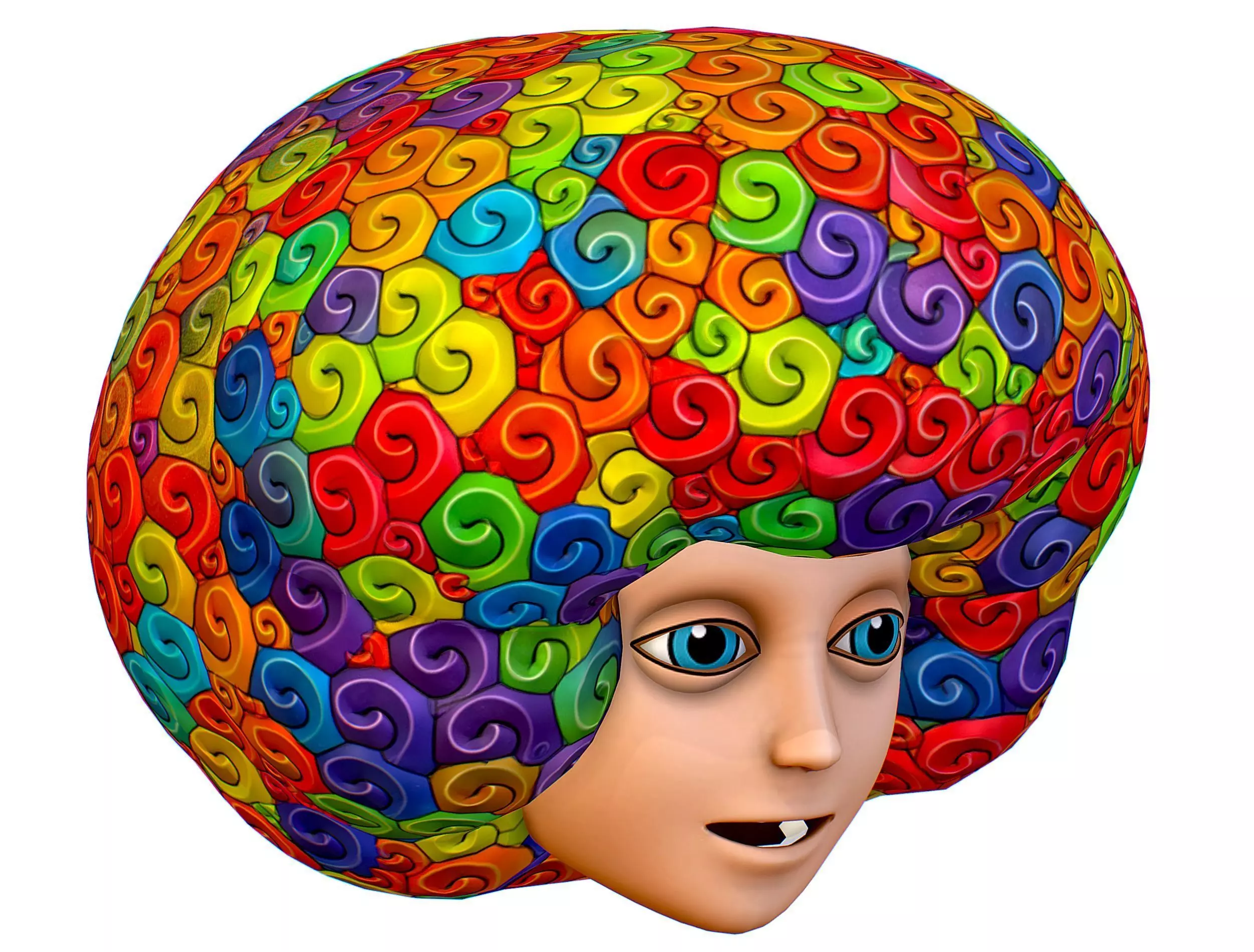 Stylized Afro Rainbow Hair Multicolor Hot Wig Low-poly 3D model_0