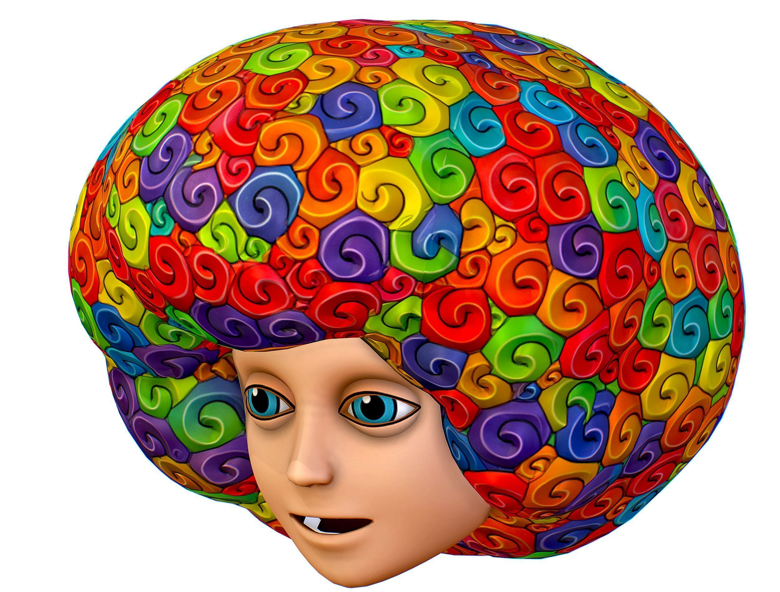 Stylized Afro Rainbow Hair Multicolor Hot Wig Low-poly 3D model_3