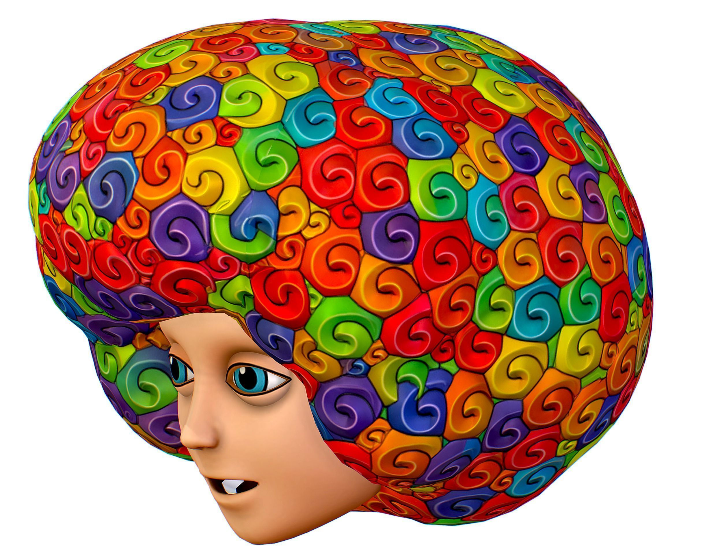 Stylized Afro Rainbow Hair Multicolor Hot Wig Low-poly 3D model_4