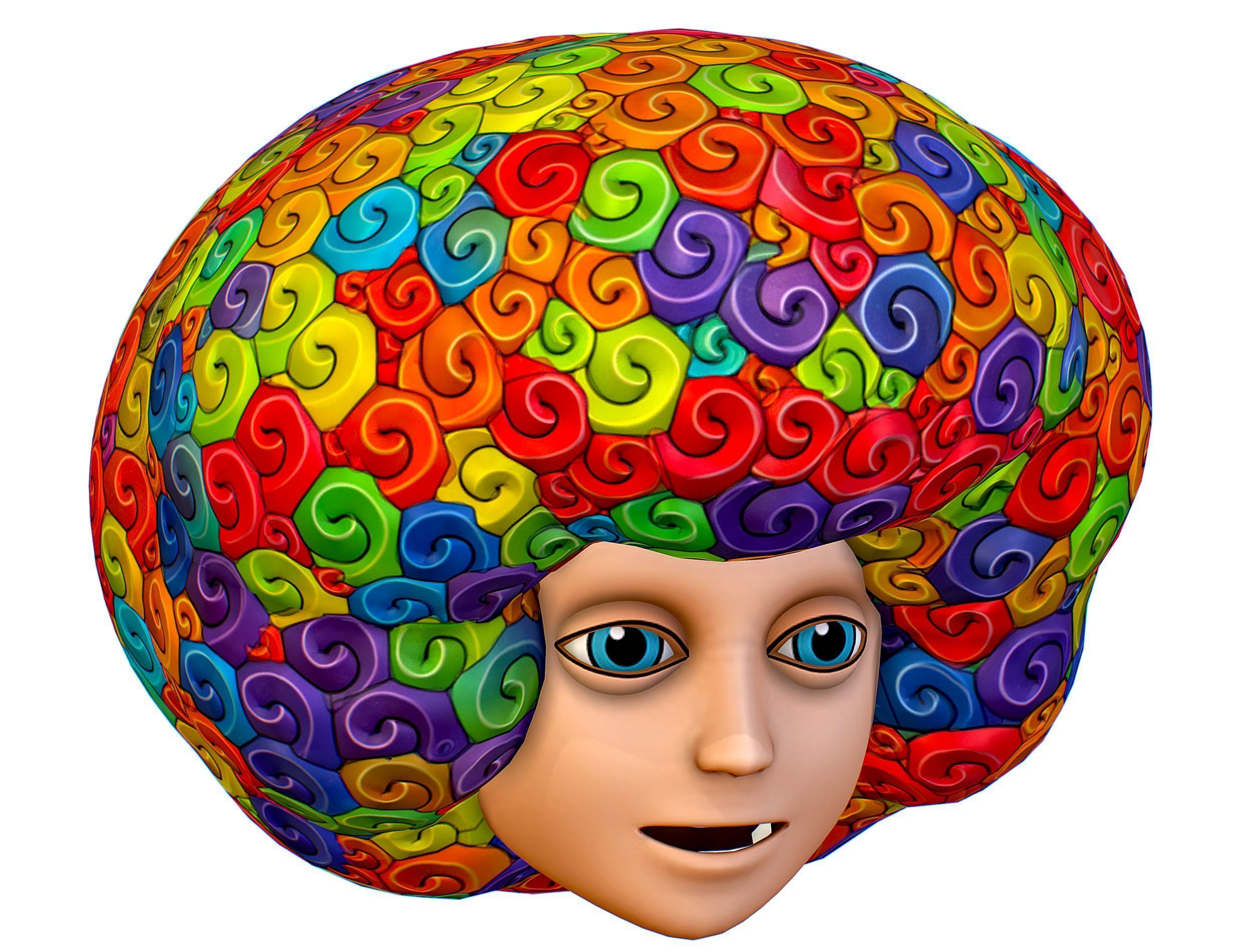 Stylized Afro Rainbow Hair Multicolor Hot Wig Low-poly 3D model_1