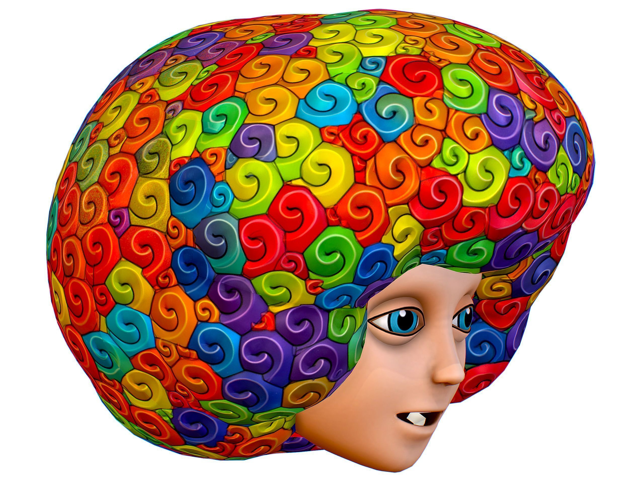 Stylized Afro Rainbow Hair Multicolor Hot Wig Low-poly 3D model_12